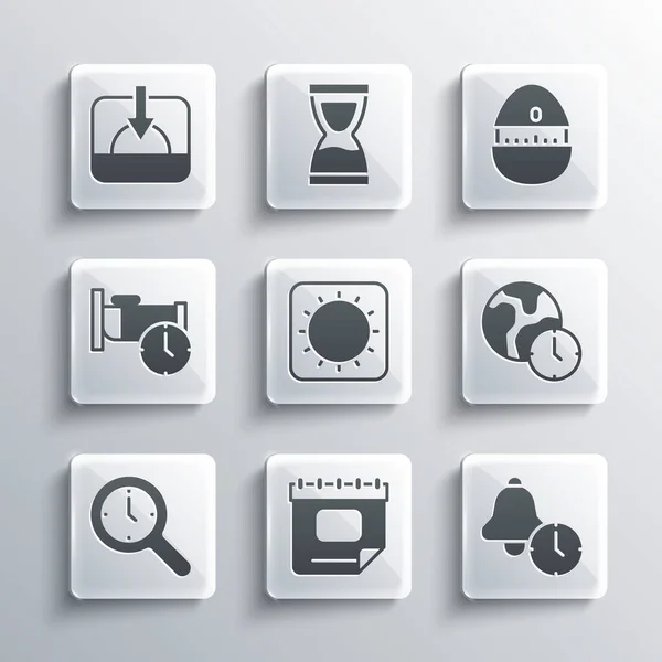 Set Calendar, Alarm clock, World time, Sun, Magnifying glass with, Time to sleep, Sunset and Kitchen timer icon. Vector — стоковый вектор