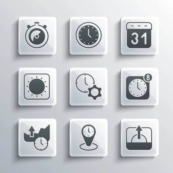 Set Time zone clocks, Sunrise, Alarm app mobile, management, Stocks market growth graphs, Stopwatch and Calendar icon. Vector — ストックベクタ