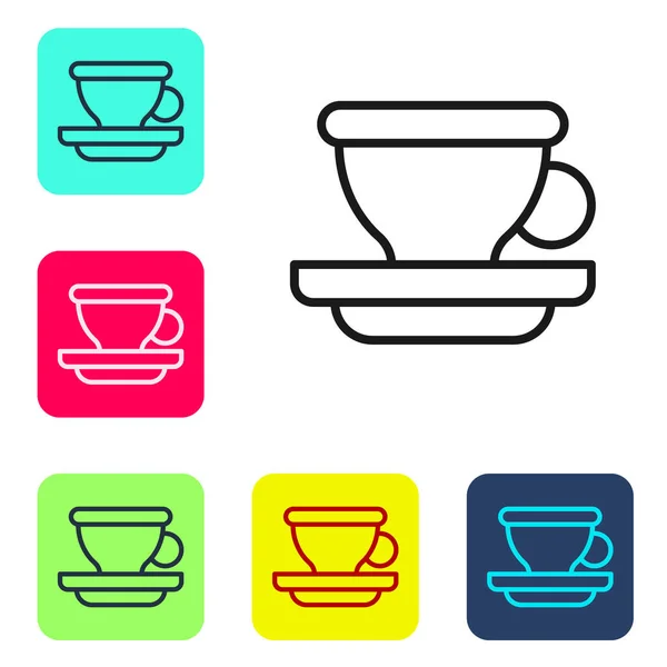 Línea negra Icono de taza de café aislado sobre fondo blanco. Taza de té. Café caliente. Establecer iconos en botones cuadrados de color. Vector — Vector de stock