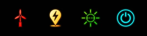 Set Wind turbine, Lightning bolt, Solar energy panel and Power button icon. Vector — Image vectorielle