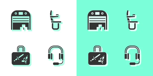 Set Headphones with microphone, Aircraft hangar, Suitcase and Airplane seat icon. Vector — Stok Vektör
