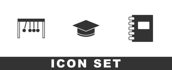 Set Pendulum, Graduation cap and Spiral notebook icon. Vector — стоковый вектор