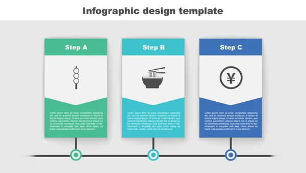 Set Meatballs on wooden stick, Asian noodles in bowl and Chinese Yuan currency. Business infographic template. Vector — Stockvector