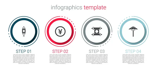 Conjunto chino linterna de papel, Yuan moneda, Decreto, papel, pergamino, pergamino y paraguas japonés del sol. Plantilla de infografía empresarial. Vector — Vector de stock