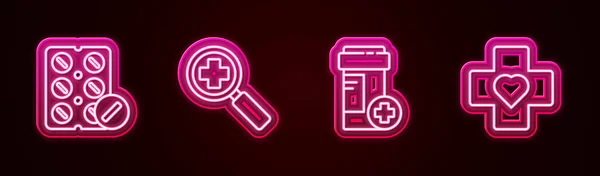 Set line Pills in blister pack, Magnifying glass for search medical, Medicine bottle and Heart with cross. Glowing neon icon. Vector — Stockvector