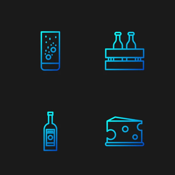 Set line Cheese, Glass bottle of vodka, Effervescent tablets in water and Pack beer bottles. Gradient color icons. Vector — Vettoriale Stock