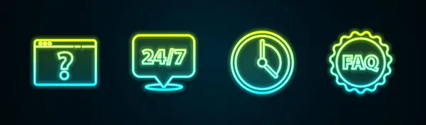 Set line Browser with question mark, Clock 24 hours, Time Management and Label text FAQ. Glowing neon icon. Vector — стоковый вектор