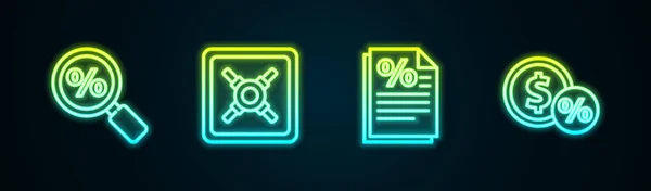 Set line Magnifying glass with percent, Safe, Finance document and Money coin. Glowing neon icon. Vector — 스톡 벡터