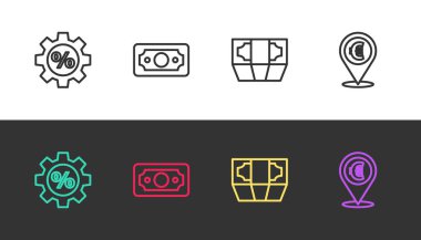 Set line Gear with percent, Stacks paper money cash, and Cash location on black and white. Vector