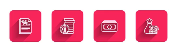 Set line Finance document, Coin money with euro symbol, Stacks paper cash and Money bag and coin with long shadow. Red square button. Vector — Vector de stock