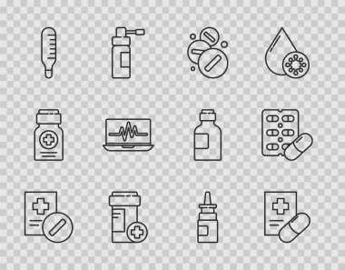 Set line Medical prescription, Medicine pill or tablet, bottle, thermometer, Laptop with cardiogram, Bottle nasal spray and Pills blister pack icon. Vector