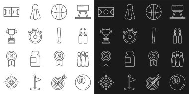 Set line Billiard pool snooker ball, Bowling pin, Sport expander, Basketball, Stopwatch, Award cup, Football soccer field and Baseball bat icon. Vector