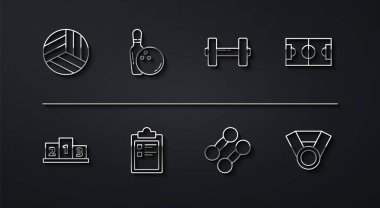Set line Volleyball ball, Award over sports winner podium, Football soccer field, Dumbbell, Sport training program, Bowling pin and, Medal and icon. Vector