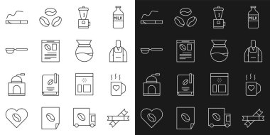 Set line Sugar stick packets, Coffee cup and heart, Barista, Electric coffee grinder, Newspaper, filter holder, Cigarette and Pour over maker icon. Vector