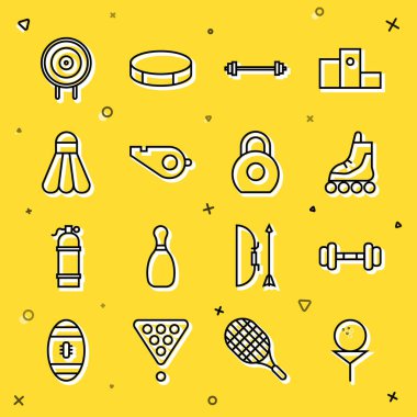 Set line Golf ball on tee, Dumbbell, Roller skate, Barbell, Whistle, Badminton shuttlecock, Target sport and Kettlebell icon. Vector