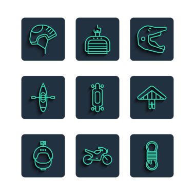 Set line Helmet and action camera, Motorcycle, Climber rope, Motocross motorcycle helmet, Longboard skateboard, Kayak canoe, and Hang glider icon. Vector