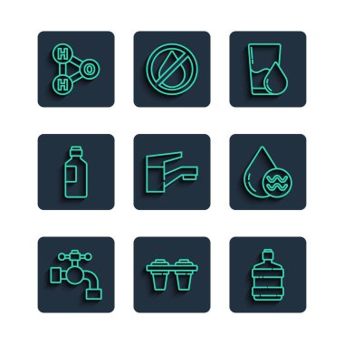 Set line Water tap, filter, Big bottle with clean water, Glass, Bottle of, Chemical formula for H2O and Recycle aqua icon. Vector