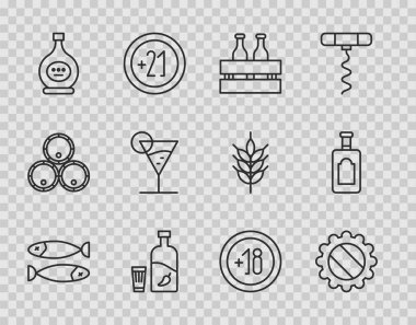 Set line Dried fish, Bottle cap, Pack of beer bottles, Vodka with pepper and glass, cognac or brandy, Martini, Alcohol 18 plus and Whiskey icon. Vector