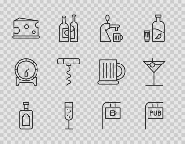 Set line Whiskey bottle, Street signboard with Pub, Beer tap glass, Glass of champagne, Cheese, Wine corkscrew, Bar and Martini icon. Vector