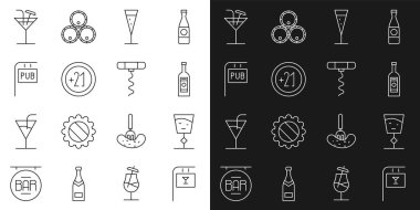 Set line Street signboard with Bar, Wine glass, Glass bottle of vodka, champagne, Alcohol 21 plus, Pub, Cocktail and corkscrew icon. Vector
