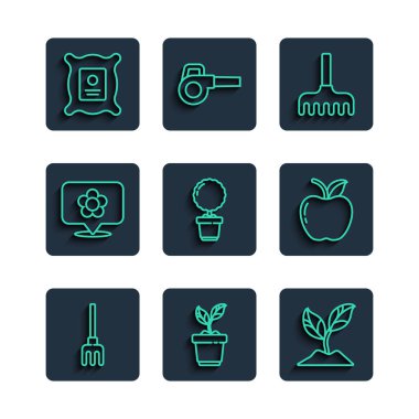 Set line Garden rake, Plant in pot, Flower, Location with flower, Pack full of seeds of plant and Apple icon. Vector