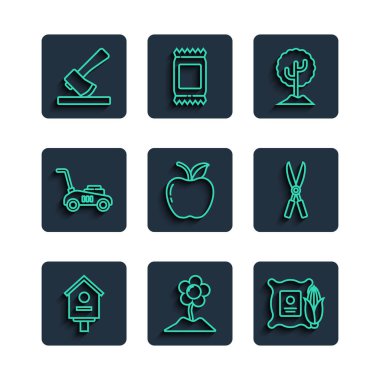 Set line Bird house, Flower, Corn in the sack, Tree, Apple, Lawn mower, Wooden axe and Gardening handmade scissors icon. Vector