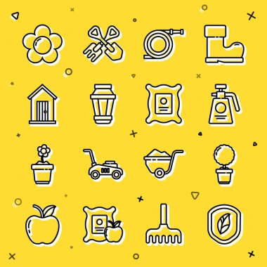 Set line Shield with leaf, Flower in pot, Garden sprayer for fertilizer, hose fire hose, light lamp, Farm house, and Pack full of seeds of plant icon. Vector