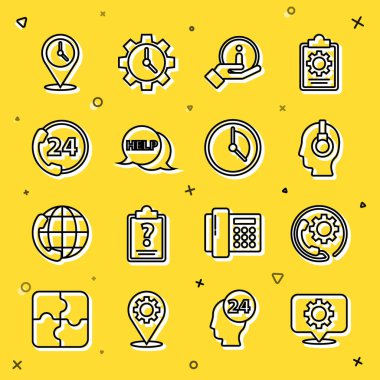 Set line Location with gear, Telephone 24 hours support, Support operator in touch, Information, Speech bubble text Help, clock and Time Management icon. Vector