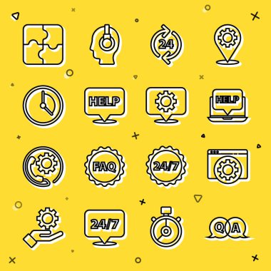 Set line Question and Answer, Browser setting, Laptop help, Telephone 24 hours support, Speech bubble with text Help, Time Management, Piece of puzzle and Location gear icon. Vector