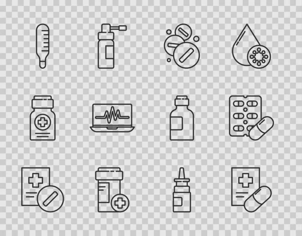 Set line Medical prescription, Medicine pill or tablet, bottle, thermometer, Laptop with cardiogram, Bottle nasal spray and Pills blister pack icon. Vector — Stockvector