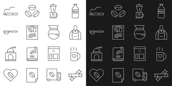 Set line Sugar stick packets, Coffee cup and heart, Barista, Electric coffee grinder, Newspaper, filter holder, Cigarette and Pour over maker icon. Vector — Stockvektor