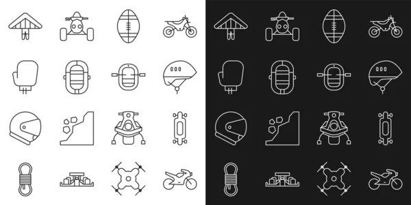 Set line Motorcycle, Longboard skateboard, Bicycle helmet, Rugby ball, Rafting boat, Boxing glove, Hang glider and icon. Vector — Διανυσματικό Αρχείο