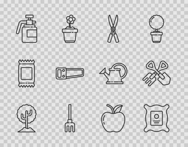 Set line Tree, Pack full of seeds of plant, Gardening handmade scissors, rake, sprayer for fertilizer, Hand saw, Apple and Shovel icon. Vector — Stockvektor