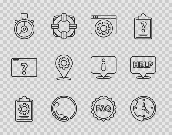 Set line Checklist with 24 hours service, Telephone support, Browser setting, Stopwatch, Location gear, Label text FAQ and Speech bubble Help icon. Vector — Image vectorielle