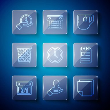 Set line Calendar, Hand for search people, Post note stickers, Cup of tea with tea bag, Clock, Trash can, and Spiral notebook icon. Vector