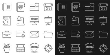 Set line Head hunting concept, Document folder, Chalkboard with diagram, Table lamp, Coffee machine, Telephone and Monitor text work icon. Vector