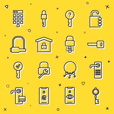 Set line Old key, Digital door lock, Key, Undefined, House under protection, Bicycle, Password and broke inside of padlock icon. Vector