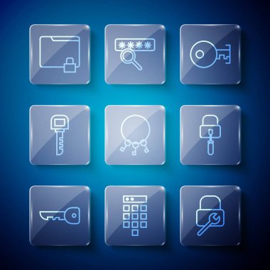 Set line Key, Password protection, Lock repair, Bunch of keys, Folder and lock and picks for picking icon. Vector