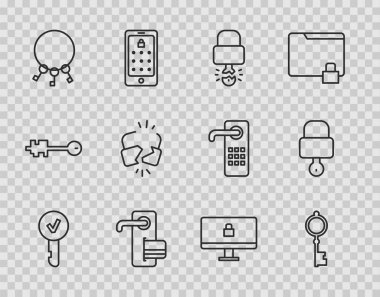 Set line Key, Old key, broke inside of padlock, Digital door, Bunch keys, Broken cracked, Lock on computer monitor and and icon. Vector