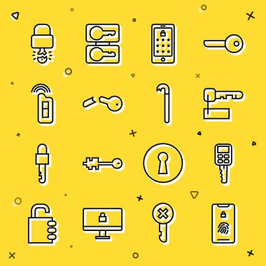 Set line Mobile with fingerprint scan, Car key remote, Marked, and graphic password, Broken, Key broke inside of padlock and Crowbar icon. Vector