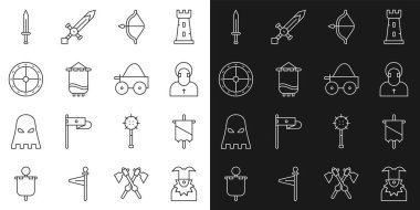 Set line Joker head, Medieval flag, Monk, bow and arrow, Round wooden shield, sword and Wooden four-wheel cart icon. Vector