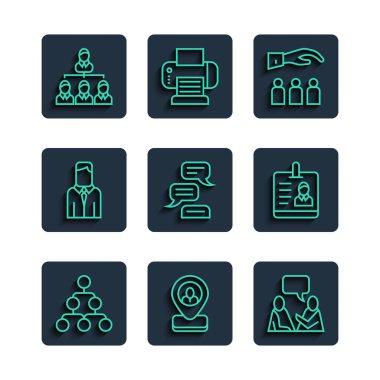 Set line Hierarchy organogram chart, Worker location, Two sitting men talking, Boss with employee, Speech bubble chat, and Identification badge icon. Vector