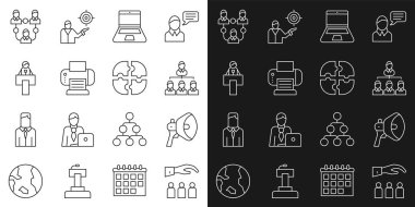 Set line Boss with employee, Megaphone, Hierarchy organogram chart, Laptop, Printer, Stage stand tribune, Project team base and Piece of puzzle icon. Vector