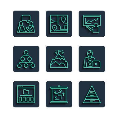 Set line Browser files, Planning strategy concept, Pyramid chart infographics, Training, presentation, Mountains with flag, Hierarchy organogram, Two sitting men talking and Businessman icon. Vector