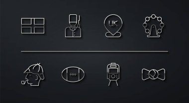 Set line Flag of England, Sherlock Holmes, London eye, Tram railway, Rugby ball, British soldier, Bow tie and Location icon. Vector