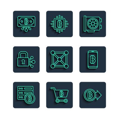 Set line Server bitcoin, Shopping cart with, Bitcoin, Video graphic card, Blockchain technology, Lock, circuit and Mining from mobile icon. Vector