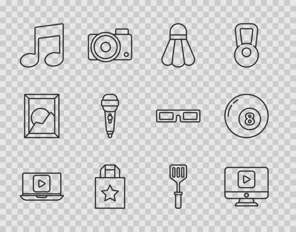 Set line Online play video, Badminton shuttlecock, Paper shopping bag, Music note, tone, Microphone, Spatula and Billiard pool snooker ball icon. Vector — Stockvektor