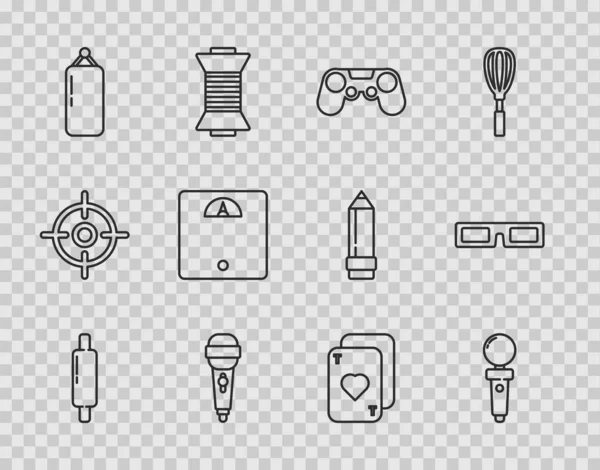 Set line Rolling pin, Joystick for arcade machine, Gamepad, Microphone, Punching bag, Bathroom scales, Playing cards and Cinema glasses icon. Vector — Vetor de Stock