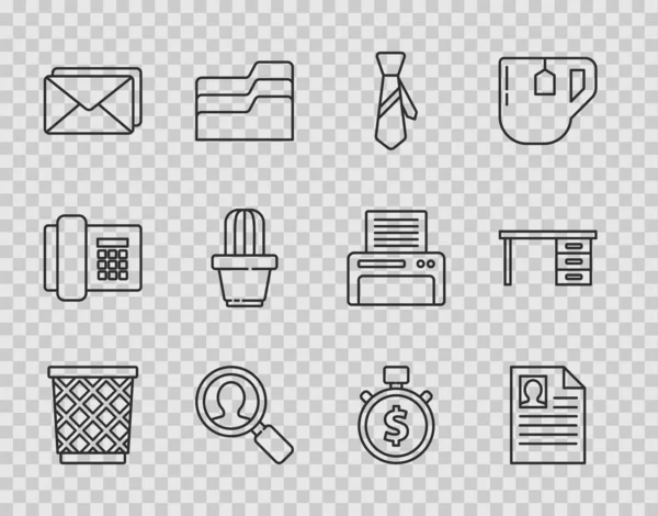 Set line Trash can, Resume, Tie, Magnifying glass for search people, Envelope, Cactus and succulent pot, Time is money and Office desk icon. Vector — 图库矢量图片