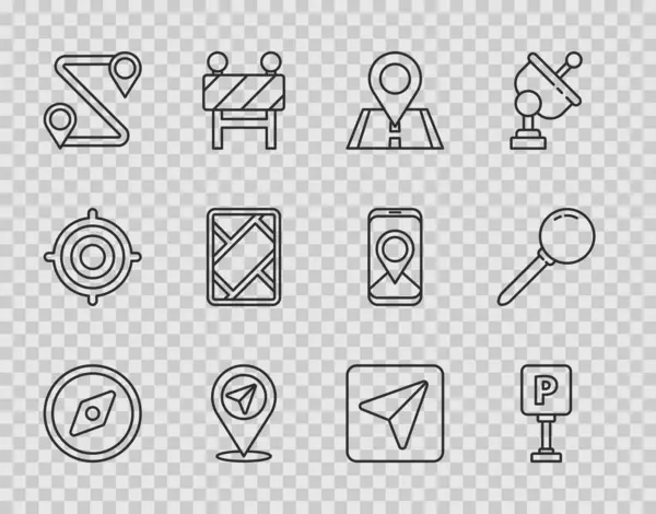 Set line Compass, Parking, Location, Route location, Gps device with map, Infographic of city navigation and Push pin icon. Vector — Vetor de Stock